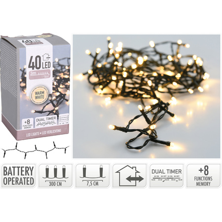 Kerstverlichting - warm wit - 40 leds - 300 cm -zwart snoer - batterij