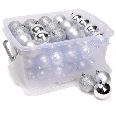 Boxes with 70 silver christmas baubles 