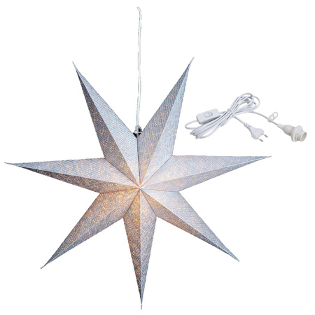 Silver paper christmas stars decorations 60 cm with lighting cable