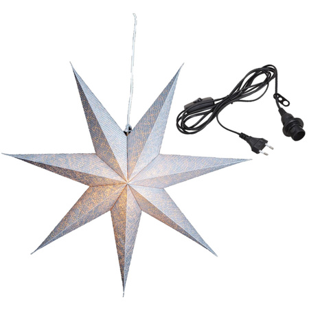 Silver paper christmas stars decorations 60 cm with lighting cable