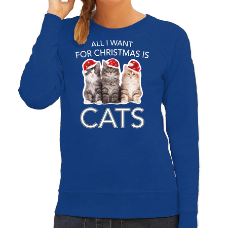 Kitten Kerst sweater / outfit All I want for Christmas is cats blauw voor dames