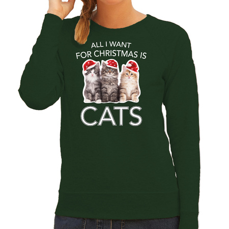 Kitten Kerst sweater / outfit All I want for Christmas is cats groen voor dames
