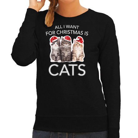 Kitten Kerst sweater / outfit All I want for Christmas is cats zwart voor dames
