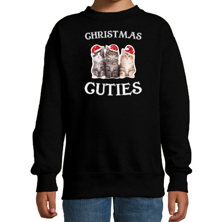 Kitten Kerst sweater / outfit Christmas cuties zwart voor kinderen