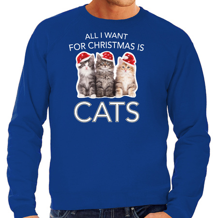 Kitten Kersttrui / outfit All I want for Christmas is cats blauw voor heren