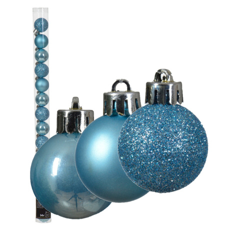 Kleine kerstballen - 28x - kunststof - ijs blauw - 3 cm