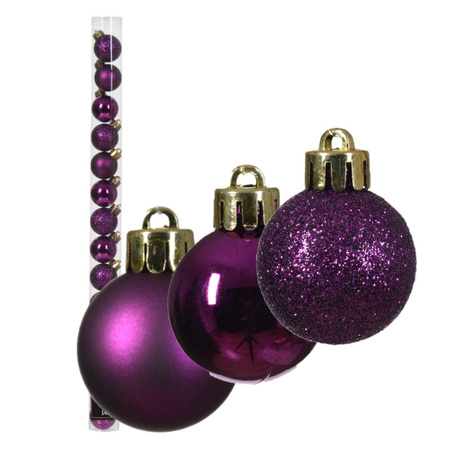 Kleine kerstballen - 28x - kunststof - paars - 3 cm