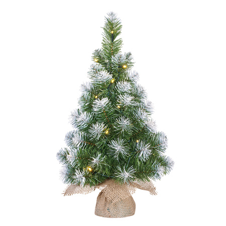Kunst kerstboom/kunstboom in jute zak met verlichting en sneeuw 60 cm