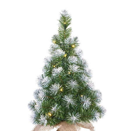 Kunst kerstboom/kunstboom in jute zak met verlichting en sneeuw 60 cm