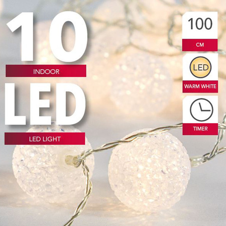 Light cord with 10 white balls warm white on battery 135 cm