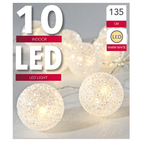 Lichtsnoer met 10 witte glitter bolletjes D5 cm warm wit op batterij 135 cm