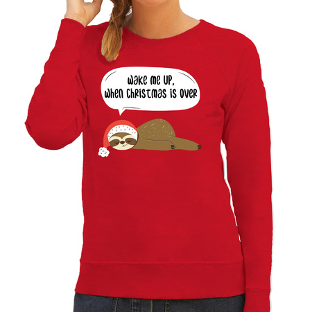 Luiaard Kerstsweater / outfit Wake me up when christmas is over rood voor dames