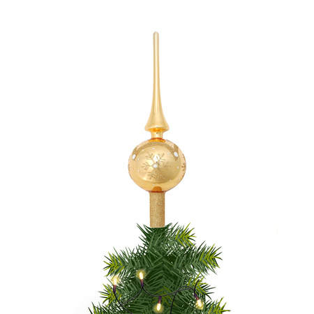 Luxury glass tree topper gold with glitter snowflake 28 cm