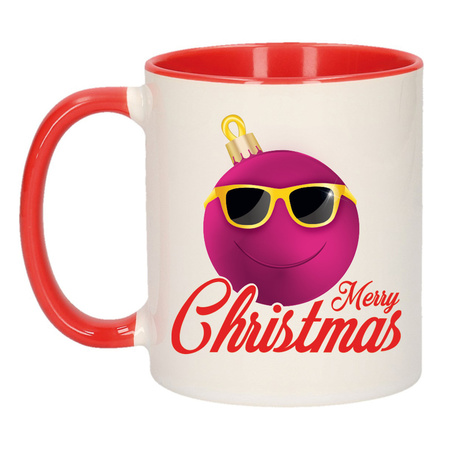Merry Christmas kerstcadeau kerstmok rood kerstbal roze met zonnebril 300 ml 