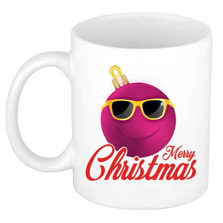 Merry Christmas kerstcadeau kerstmok roze kerstbal met zonnebril 300 ml 
