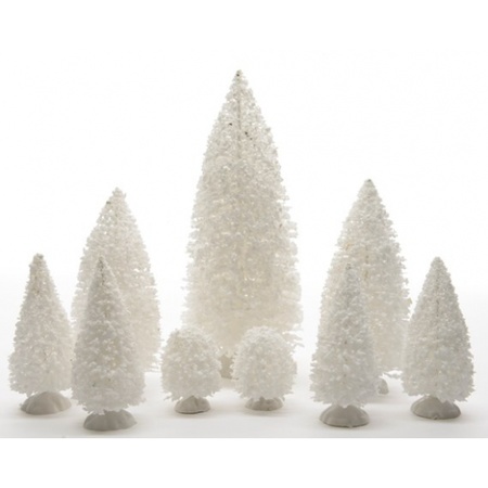 Miniatuur kerstdorp kerstbomen - 9x st - wit - polyresin - kerstboompjes 
