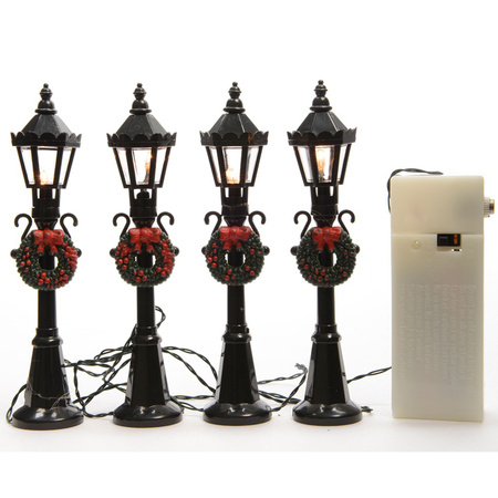 Miniatuur lantaarnpalen - 4x st - 12 cm - met licht - Kerstdorp onderdelen/materialen