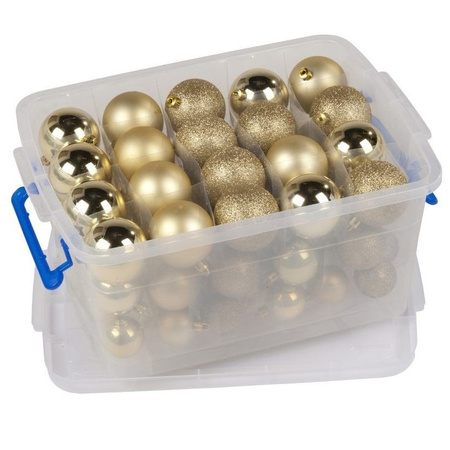 Opbergbox/bewaarbox met 70 gouden kunststof kerstballen