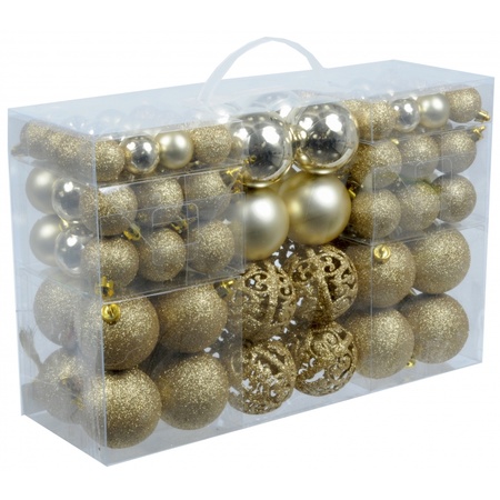 Pakket met 100x gouden kerstballen kunststof 3, 4, 6 cm