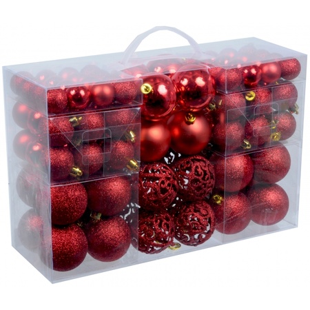 Pakket met 100x rode kerstballen kunststof 3, 4 en 6 cm
