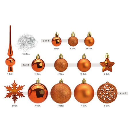 Package with 110x plastic christmas baubles/ornaments with peak copper
