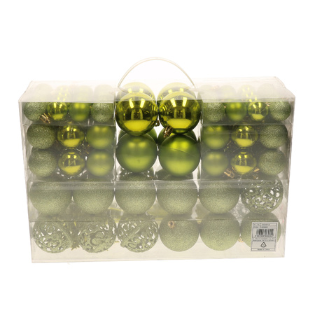 Package with 110x plastic christmas baubles/ornaments with peak lime green