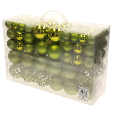 Package with 110x plastic christmas baubles/ornaments with peak lime green