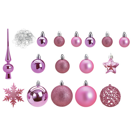 Package with 110x plastic christmas baubles/ornaments with peak pink