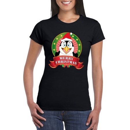 Pinguin Kerst t-shirt zwart Merry Christmas voor dames