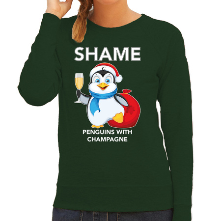 Pinguin Kerstsweater / outfit Shame penguins with champagne groen voor dames