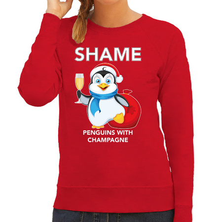 Penguin Christmas sweater Shame penguins with champagne red for women