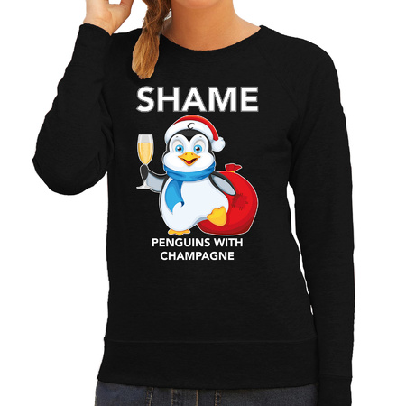 Pinguin Kerstsweater / outfit Shame penguins with champagne zwart voor dames