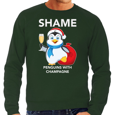 Pinguin Kersttrui / outfit Shame penguins with champagne groen voor heren