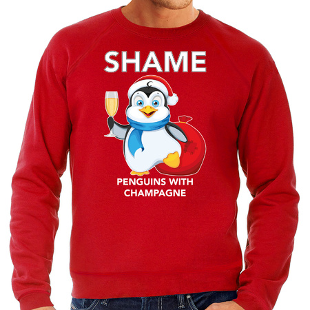 Pinguin Kersttrui / outfit Shame penguins with champagne rood voor heren