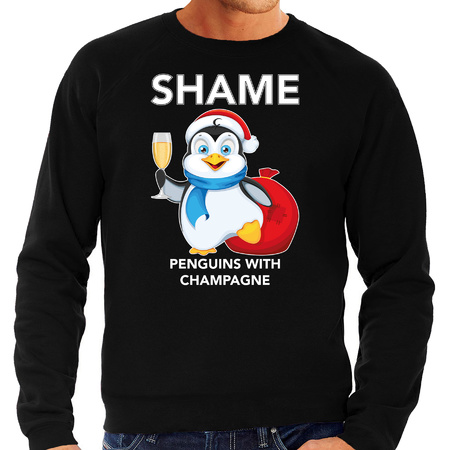 Pinguin Kersttrui / outfit Shame penguins with champagne zwart voor heren