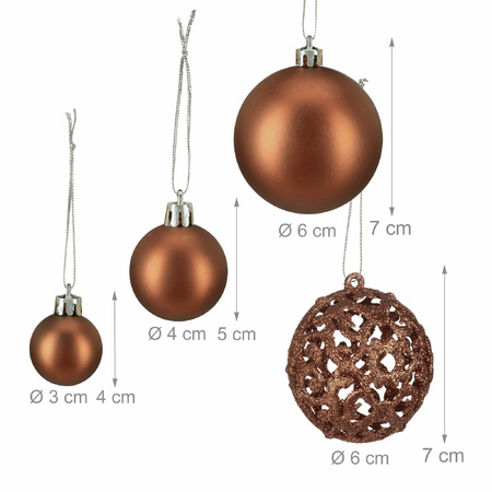 Relaxdays kerstballen - 100x st - bruin - 3, 4 en 6 cm - kunststof - mat/glans/glitter