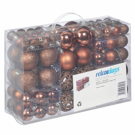 Relaxdays kerstballen - 100x st - bruin - 3, 4 en 6 cm - kunststof - mat/glans/glitter