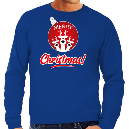 Rendier Kerstbal Kersttrui / Kerst outfit Merry Christmas blauw voor heren