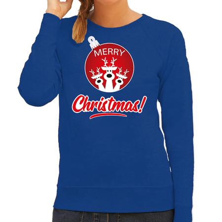 Rendier Kerstbal sweater / Kerst outfit Merry Christmas blauw voor dames