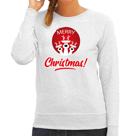 Rendier Kerstbal sweater / Kerst outfit Merry Christmas grijs voor dames