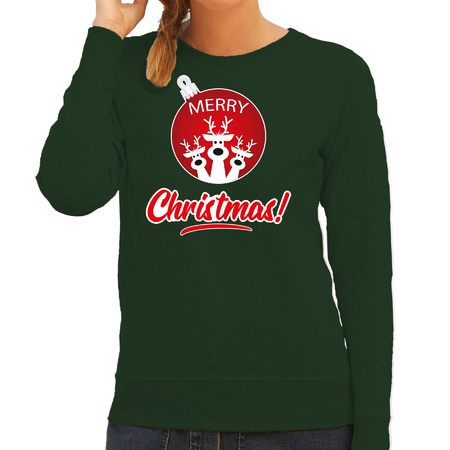 Rendier Kerstbal sweater / Kerst outfit Merry Christmas groen voor dames