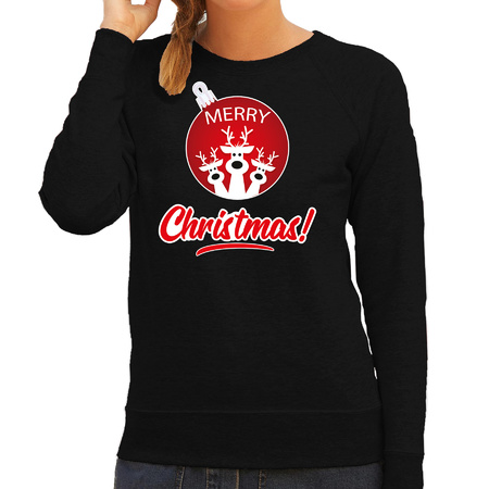 Rendier Kerstbal sweater / Kerst outfit Merry Christmas zwart voor dames