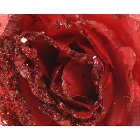 Rode glitter roos met clip 14 cm