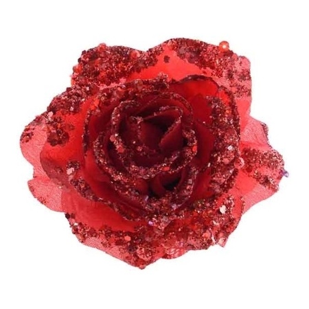 Rode glitter roos met clip 14 cm