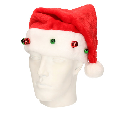 White plush santa hats with jingle bells for adults 