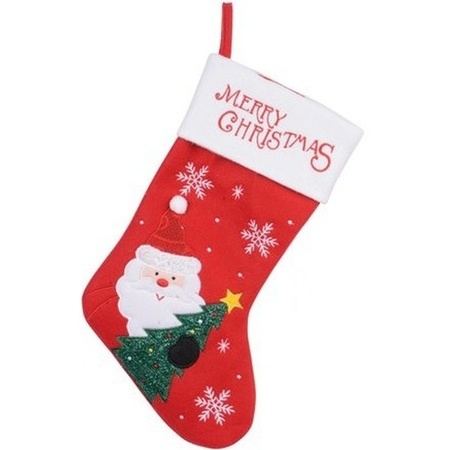 Red/white Christmas stocking deco with Santa embroidery 40 cm