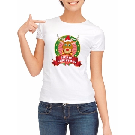 Rudolf Kerst t-shirt wit Merry Christmas voor dames