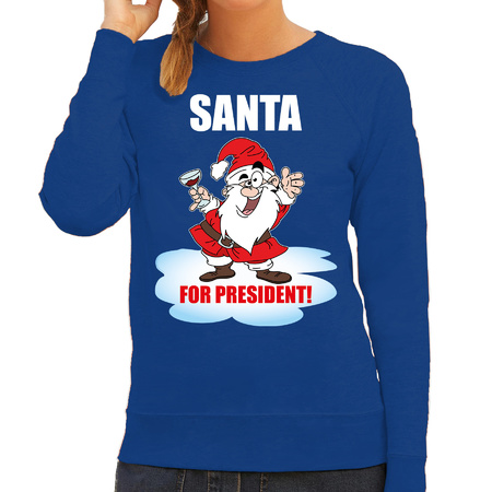 Santa for president Kerst sweater / foute Kersttrui blauw voor dames