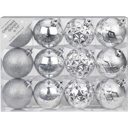Set of 12x luxury silver christmas baubles 6 cm plastic matte/shine
