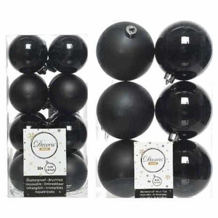 Set van 16x zwarte kerstballen 4 cm en 6x kerstballen 8 cm kunststof mat/kunststof mat/glans
